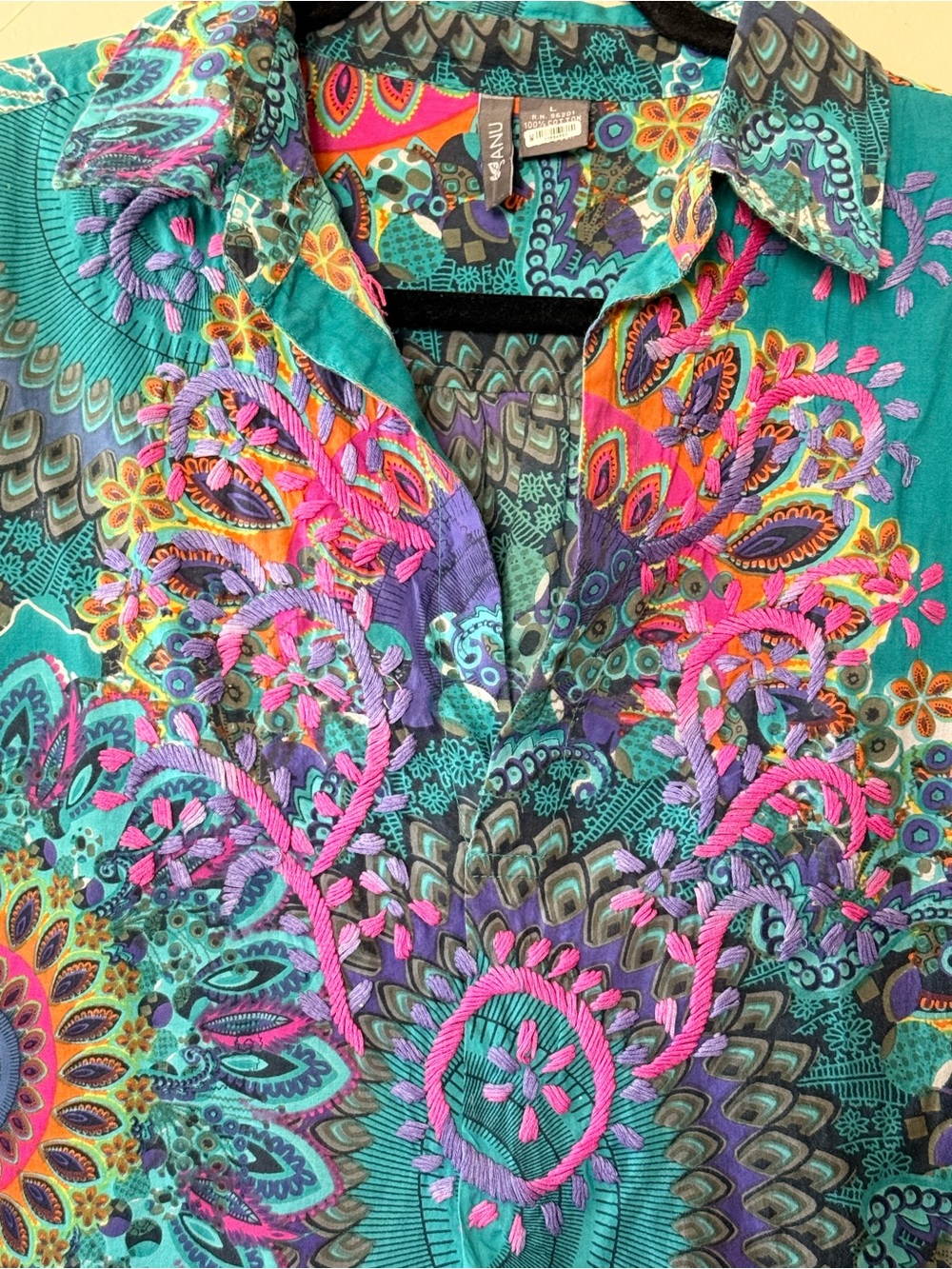 ANU by Natural Vibrant Turquoise embroidered Boho tunic top with pockets - Picture 3 of 8